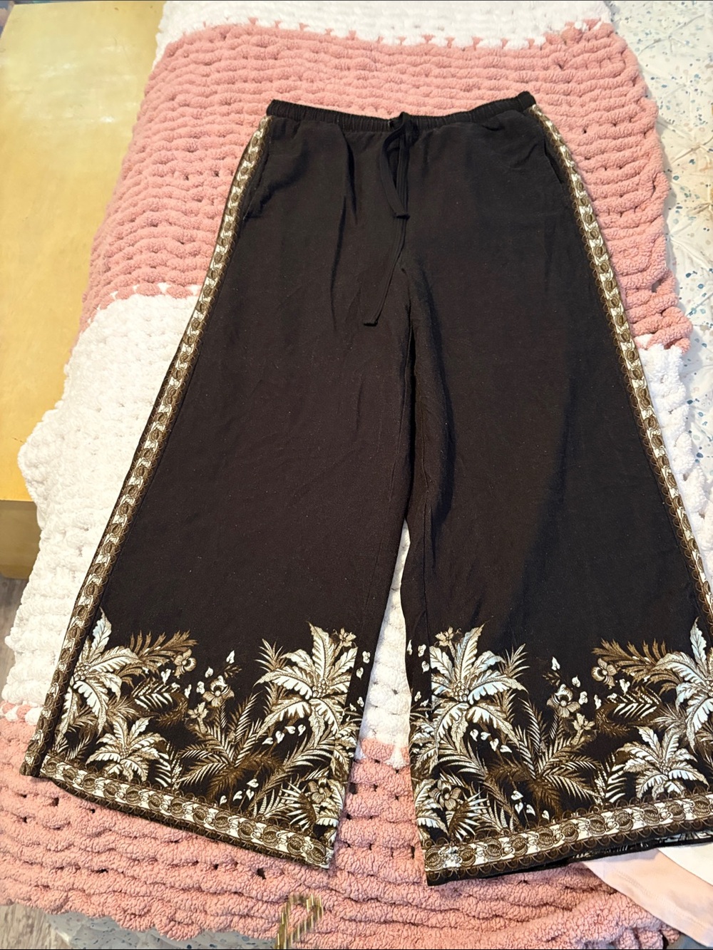 Max Studio Black Wide-Leg Pants with Gold & Cream Palm Embroidery Never Worn